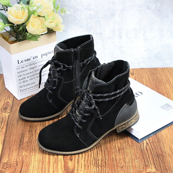 Women's Black Genuine Leather Suede Ankle Lace Bootie with Side Zipper - Picture 9 of 10